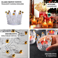 6-Pack Glass Crown Votive Candle Holders Clear Crystal Design with Gold Beaded Tips - Tea Light Holders 3"x2"