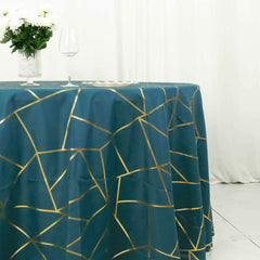 120" Peacock Teal Seamless Round Polyester Tablecloth With Gold Foil Geometric Pattern for 5 Foot Table With Floor-Length Drop