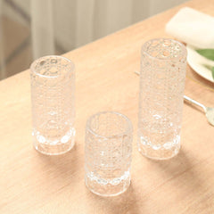 Set of 3 Glass Taper Candle Holders Clear with Gemstone Pattern - Dual Sided Crystal Cylinder Tealight Stands 3", 4", 5.5"