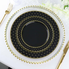 10-Pack Plastic 7.5" Round Dessert Plates in Black with Gold 3D Polka Dotted Rim - Durable Disposable Appetizer Salad Plates for Modern Themed Events & Banquets
