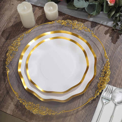 25-Pack Paper Round Dessert Plates 8" Matte White with Gold Wavy Rim - Disposable 350GSM Salad Plates for Banquets & Upscale Gatherings
