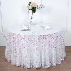 120" Iridescent Seamless Big Payette Sequin Round Tablecloth Collection for 5 Foot Table With Floor-Length Drop