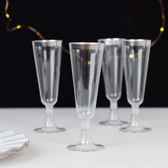 12-Pack Plastic Champagne Flutes Clear with Silver Rim - Stylish Disposable Cocktail Glasses for Parties 5oz 6"