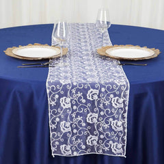 Tulle 14"x108" Table Runner Silver Embroidered Interlaced Threads - Stylish Table Decor