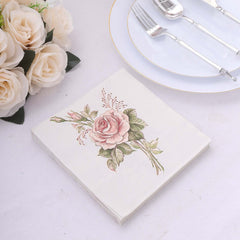 50-Pack Paper Beverage Napkins with Pink Floral Design Ivory - 2 Ply Soft 18GSM Rose Garden Wedding Napkins 6.5"x6.5"