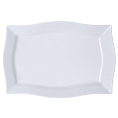 10-Pack Serving Plates Rectangular Design with Wave Trimmed Rim Glossy White - Plastic Disposable Event Plates 12"