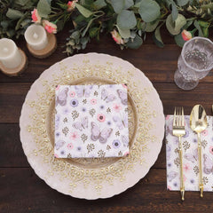 50-Pack Paper Beverage Napkins with Lavender Butterfly Floral Design Ivory - 2 Ply Soft 18GSM Garden Wedding Napkins 6.5"x6.5"
