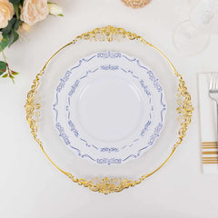 10-Pack Plastic 7" Round Dessert Plates in White with Blue Vintage Embossed Rim - Sturdy Disposable Scalloped Edge Salad Plates