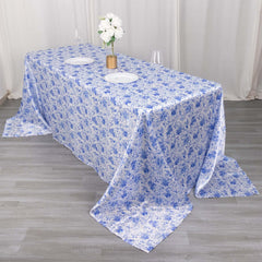 Satin Round 90"x132" Tablecloth White/Blue French Toile Design - Seamless Stylish & Wrinkle-Resistant Table Cover
