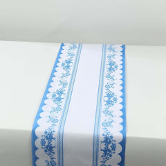 5 Pack Disposable Table Runners 11"x108" White with Blue Ornate Floral Prints - Non-woven Stylish Kitchen Dining Table Decor
