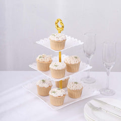 3-Tier Plastic Square Cupcake Stand Tower White - Charming Disposable Dessert Display Serving Tray Platter with Heart Wavy Edge & Gold Top Handle for Tea Parties Weddings & Special Occasions 13"