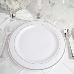 10-Pack Plastic Dinner Plates White with Très Chic Silver Rim - Perfect Disposable Party Plates 10"