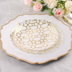 20-Pack Set Plastic Round Dinner and Salad Plates in White & Clear with Geometric Gold Print - Modern Disposable Dinnerware Set for Weddings & Celebrations 9", 7"