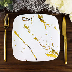10-Pack Plastic 8" Square Dessert Plates in White with Gold Marble Design - Disposable Appetizer Salad Party Plates for Weddings, Banquets & Special Events