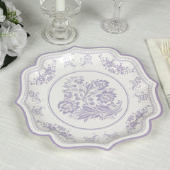 25-Pack Paper Dinner Plates in White Lavender Lilac Damask Floral Print & Scallop Rim - Stylish Disposable 300GSM Floral Party Plates 10"