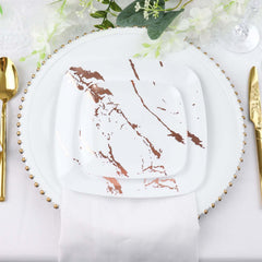 10-Pack Plastic 6" Square Appetizer Snack Plates in White with Rose Gold Marble Design - Disposable Dessert Party Plates for Weddings, Banquets & Special Events