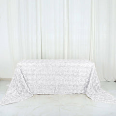 Satin 90"x156" Rectangle Tablecloth White - Grandiose 3D Rosette Design with Seamless Finish for Sophisticated Celebrations