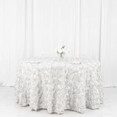 Satin 120" Round Tablecloth White - Grandiose 3D Rosette Design with Seamless Finish for Luxe Events