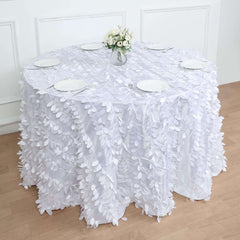 Taffeta 132" Round Tablecloth White 3D Leaf Petal Design Seamless Table Cover for Chic Wedding & Event Decor