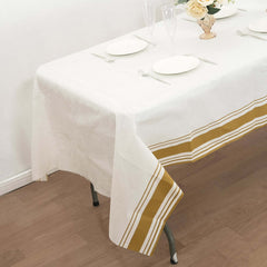 Paper Linen-Like Tablecloth Rectangle White with Gold Striped Border - Decorative Disposable Cover for Events 50"x108"