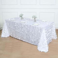 Taffeta 90"x156" Rectangle Tablecloth White | 3D Leaf Petal Design Seamless Table Cover for Stylish Wedding & Event Decor