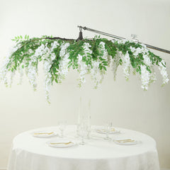 55" White Artificial Silk Wisteria Vine Round Hanging Canopy, Draping Garland Flower Chandelier With Interchangeable Branches