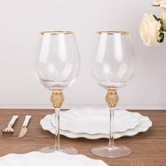 Set of 6 Wine Goblet Glasses Clear Gold Rimmed Design with Rhinestone Studded Stem - Handblown Vintage Crystal Glasses for Cocktails 16oz 10"