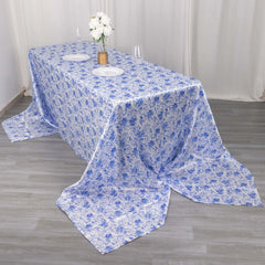 Satin Round 90"x156" Tablecloth White/Blue French Toile Design - Seamless Stylish & Wrinkle-Resistant Table Cover