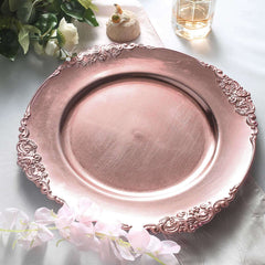 6-Pack Acrylic Round Charger Plates 13" in Rose Gold with Embossed Baroque Rim, Antique Decorative Dinner Party Charger Tableware