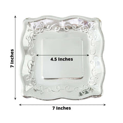 25-Pack Paper 7" Square Dessert Plates in Silver with Vintage Pottery Embossed Design - Shiny Metallic Disposable Appetizer Plates