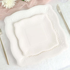 25-Pack Paper 7" Square Dessert Plates in White with Vintage Pottery Embossed Design - Shiny Disposable Appetizer Plates