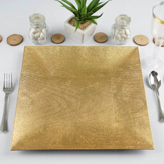 6-Pack Acrylic Square Charger Plates 12" in Gold with Embossed Wood Grain, Boho Chic Dinner Party Decor Charger Tableware