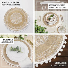 4-Pack Placemats Embroidery Mandala Print Design Natural Jute and White Round - Rustic Burlap Tassel Style with Beaded Trim 15"