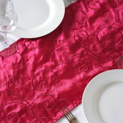 12"x108" Fuchsia Taffeta With Satin Embroidery Table Runner