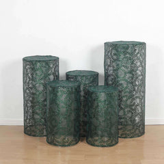 Set of 5 Hunter Emerald Green Sequin Mesh Cylinder Pedestal Stand Covers with Leaf Vine Embroidery, Sparkly Sheer Tulle Pillar Prop Covers