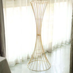 48" Tall Gold Metal Wire Hourglass Flower Frame Stand, Open Frame Reversible Trumpet Centerpiece Stand