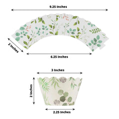 25-Pack Paper Cupcake Wrappers Eucalyptus Leaves Print White Green - Round Muffin Truffle Cup Liners 3"
