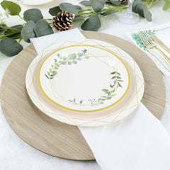 24-Pack Paper 7" Round Dessert Plates in White with Eucalyptus Leaves & Gold Rim - Disposable 300GSM Salad Plates for Garden Weddings & Celebrations