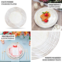 6-Pack Faux Wood Round Charger Plates 13" White Washed with Rose Embossed Rim, Disposable Plastic Charger Tableware
