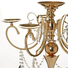Metal Candelabra 5 Arm Design Gold with Hanging Crystal Drops - Table Centerpiece for Events 27"
