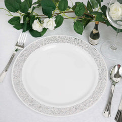 10-Pack Plastic Dinner Plates White with Fancy Silver Lace Rim - Stylish Disposable Plates for Events 10"