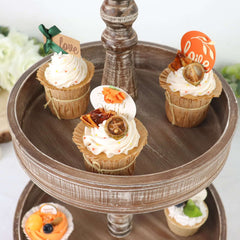2-Tier Wooden Serving Tray Stand Rustic Brown Design - Farmhouse Style Cupcake Display 20"