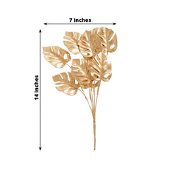 4-Pack Artificial Monstera Leaves Bushes Metallic Gold - Chic Faux Palm Leaf Decor Vase Filler for Hawaiian Jungle Tropical Themed Weddings Parties & Events 14"