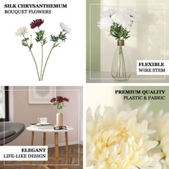 3 Stems Burgundy 27" Artificial Silk Chrysanthemum Bouquet Flowers, Large Faux Mum Branches