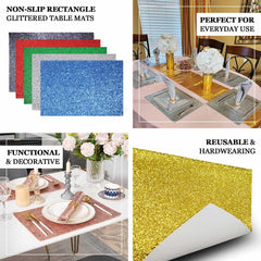 6-Pack Placemats Glitter Design Gold Sparkle Rectangle - Non-Slip Decorative Dining Table Mats 12"x18"