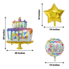 Set of 5 Colorful Happy Birthday Cake Mylar Foil Balloon Set, Round and Gold Star Balloon Bouquet With Ribbon, Birthday Party Decorations