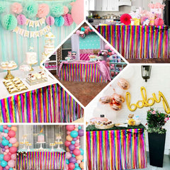 Metallic Foil Fringe Table Skirt Rainbow with Self Adhesive Backing - Durable Tinsel Skirt for Parties 30"x9ft