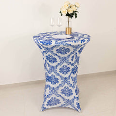 Spandex 24"-32" Round Cocktail Table Cover Royal Blue Damask Highboy Tables - Easy to Maintain Stretch Fitted Tablecloth