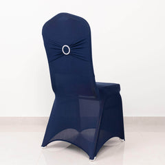 Spandex Chair Cover with Navy Blue Rhinestone Buckled Sash Band Blush - Stretch Fitted Slipcover