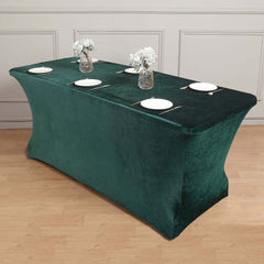 Velvet Spandex 6ft Rectangle Tablecloth Hunter Emerald Green - Fitted Wrinkle-Free Design for 72"x30" Tables